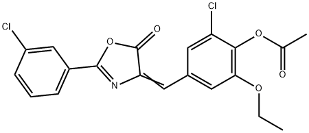 2-chloro-4-[(2-(3-chlorophenyl)-5-oxo-1,3-oxazol-4(5H)-ylidene)methyl]-6-ethoxyphenyl acetate Struktur