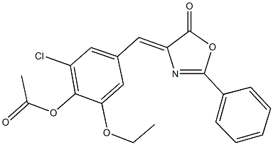 2-chloro-6-ethoxy-4-[(5-oxo-2-phenyl-1,3-oxazol-4(5H)-ylidene)methyl]phenyl acetate Struktur