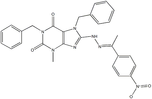 1,7-dibenzyl-8-[2-(1-{4-nitrophenyl}ethylidene)hydrazino]-3-methyl-3,7-dihydro-1H-purine-2,6-dione Struktur