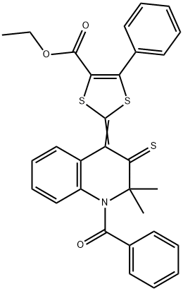 ethyl 2-(1-benzoyl-2,2-dimethyl-3-thioxo-2,3-dihydro-4(1H)-quinolinylidene)-5-phenyl-1,3-dithiole-4-carboxylate Struktur