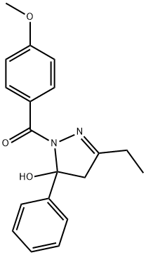 3-ethyl-1-(4-methoxybenzoyl)-5-phenyl-4,5-dihydro-1H-pyrazol-5-ol Struktur