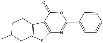 7-methyl-2-phenyl-5,6,7,8-tetrahydro-4H-[1]benzothieno[2,3-d][1,3]oxazin-4-one Struktur