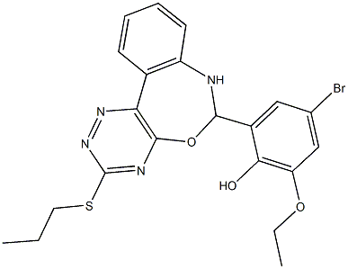 4-bromo-2-ethoxy-6-[3-(propylsulfanyl)-6,7-dihydro[1,2,4]triazino[5,6-d][3,1]benzoxazepin-6-yl]phenol Struktur