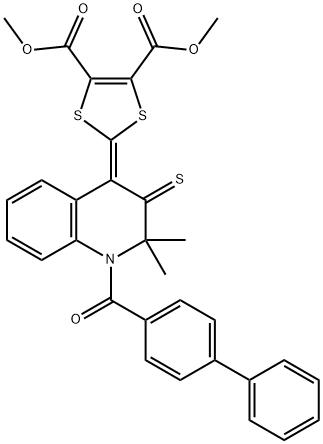 dimethyl 2-(1-([1,1'-biphenyl]-4-ylcarbonyl)-2,2-dimethyl-3-thioxo-2,3-dihydro-4(1H)-quinolinylidene)-1,3-dithiole-4,5-dicarboxylate Struktur