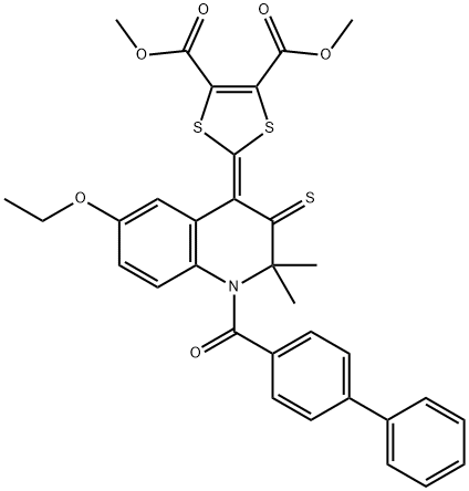 dimethyl 2-(1-([1,1'-biphenyl]-4-ylcarbonyl)-6-ethoxy-2,2-dimethyl-3-thioxo-2,3-dihydro-4(1H)-quinolinylidene)-1,3-dithiole-4,5-dicarboxylate Struktur