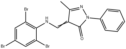 5-methyl-2-phenyl-4-[(2,4,6-tribromoanilino)methylene]-2,4-dihydro-3H-pyrazol-3-one Struktur