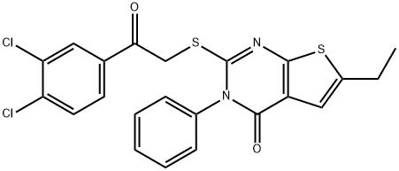 2-{[2-(3,4-dichlorophenyl)-2-oxoethyl]sulfanyl}-6-ethyl-3-phenylthieno[2,3-d]pyrimidin-4(3H)-one Struktur