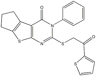 2-{[2-oxo-2-(2-thienyl)ethyl]sulfanyl}-3-phenyl-3,5,6,7-tetrahydro-4H-cyclopenta[4,5]thieno[2,3-d]pyrimidin-4-one Struktur