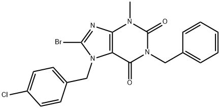 1-benzyl-8-bromo-7-(4-chlorobenzyl)-3-methyl-3,7-dihydro-1H-purine-2,6-dione Struktur