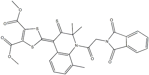 dimethyl 2-(1-[(1,3-dioxo-1,3-dihydro-2H-isoindol-2-yl)acetyl]-2,2,8-trimethyl-3-thioxo-2,3-dihydro-4(1H)-quinolinylidene)-1,3-dithiole-4,5-dicarboxylate Struktur