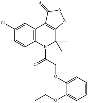 8-chloro-5-[(2-ethoxyphenoxy)acetyl]-4,4-dimethyl-4,5-dihydro-1H-[1,2]dithiolo[3,4-c]quinoline-1-thione Struktur