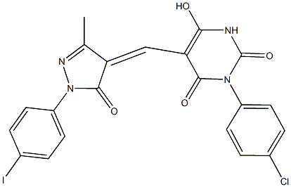 3-(4-chlorophenyl)-6-hydroxy-5-{[1-(4-iodophenyl)-3-methyl-5-oxo-1,5-dihydro-4H-pyrazol-4-ylidene]methyl}-2,4(1H,3H)-pyrimidinedione Struktur