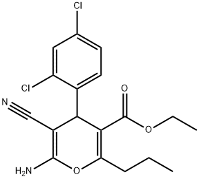 ethyl 6-amino-5-cyano-4-(2,4-dichlorophenyl)-2-propyl-4H-pyran-3-carboxylate Struktur