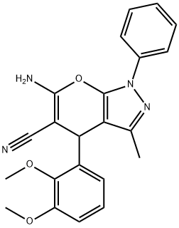 6-amino-4-(2,3-dimethoxyphenyl)-3-methyl-1-phenyl-1,4-dihydropyrano[2,3-c]pyrazole-5-carbonitrile Struktur