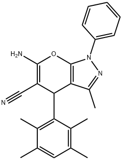 6-amino-3-methyl-1-phenyl-4-(2,3,5,6-tetramethylphenyl)-1,4-dihydropyrano[2,3-c]pyrazole-5-carbonitrile Struktur