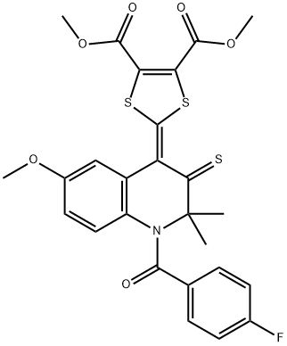 dimethyl 2-(1-(4-fluorobenzoyl)-6-methoxy-2,2-dimethyl-3-thioxo-2,3-dihydro-4(1H)-quinolinylidene)-1,3-dithiole-4,5-dicarboxylate Struktur