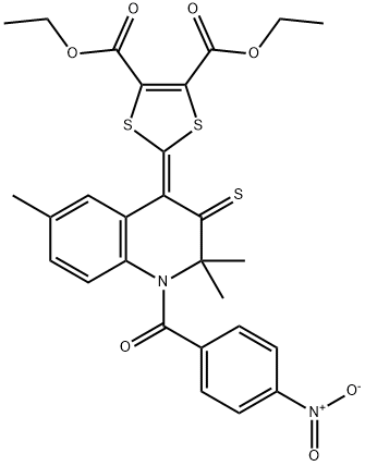 diethyl 2-(1-{4-nitrobenzoyl}-2,2,6-trimethyl-3-thioxo-2,3-dihydro-4(1H)-quinolinylidene)-1,3-dithiole-4,5-dicarboxylate Struktur