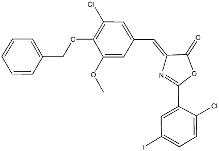 4-[4-(benzyloxy)-3-chloro-5-methoxybenzylidene]-2-(2-chloro-5-iodophenyl)-1,3-oxazol-5(4H)-one Struktur