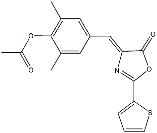 2,6-dimethyl-4-[(5-oxo-2-(2-thienyl)-1,3-oxazol-4(5H)-ylidene)methyl]phenyl acetate Struktur