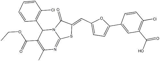 2-chloro-5-{5-[(5-(2-chlorophenyl)-6-(ethoxycarbonyl)-7-methyl-3-oxo-5H-[1,3]thiazolo[3,2-a]pyrimidin-2(3H)-ylidene)methyl]-2-furyl}benzoic acid Struktur