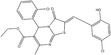 ethyl 2-[2-(5-chloro-2-hydroxyphenyl)ethylidene]-5-(2-chlorophenyl)-7-methyl-3-oxo-2,3-dihydro-5H-[1,3]thiazolo[3,2-a]pyrimidine-6-carboxylate Struktur