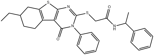 2-[(7-ethyl-4-oxo-3-phenyl-3,4,5,6,7,8-hexahydro[1]benzothieno[2,3-d]pyrimidin-2-yl)sulfanyl]-N-(1-phenylethyl)acetamide Struktur