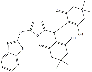 2-[[5-(1,3-benzothiazol-2-ylsulfanyl)-2-furyl](2-hydroxy-4,4-dimethyl-6-oxo-1-cyclohexen-1-yl)methyl]-3-hydroxy-5,5-dimethyl-2-cyclohexen-1-one Struktur