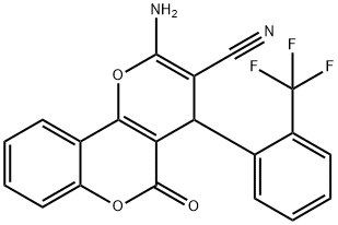 2-amino-5-oxo-4-[2-(trifluoromethyl)phenyl]-4H,5H-pyrano[3,2-c]chromene-3-carbonitrile Struktur