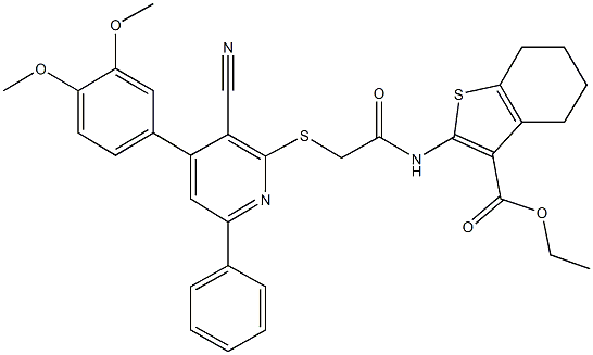 ethyl 2-[({[3-cyano-4-(3,4-dimethoxyphenyl)-6-phenyl-2-pyridinyl]sulfanyl}acetyl)amino]-4,5,6,7-tetrahydro-1-benzothiophene-3-carboxylate Struktur