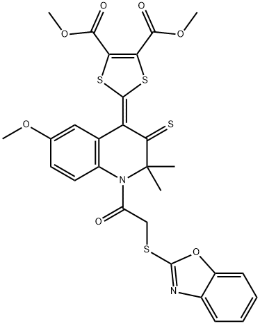 dimethyl 2-(1-[(1,3-benzoxazol-2-ylsulfanyl)acetyl]-6-methoxy-2,2-dimethyl-3-thioxo-2,3-dihydro-4(1H)-quinolinylidene)-1,3-dithiole-4,5-dicarboxylate Struktur