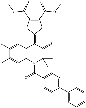 dimethyl 2-(1-([1,1'-biphenyl]-4-ylcarbonyl)-2,2,6,7-tetramethyl-3-thioxo-2,3-dihydro-4(1H)-quinolinylidene)-1,3-dithiole-4,5-dicarboxylate Struktur