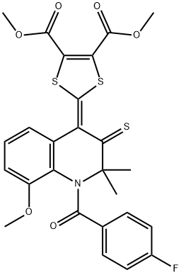 dimethyl 2-(1-(4-fluorobenzoyl)-8-methoxy-2,2-dimethyl-3-thioxo-2,3-dihydro-4(1H)-quinolinylidene)-1,3-dithiole-4,5-dicarboxylate Struktur