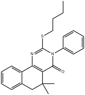 2-(butylsulfanyl)-5,5-dimethyl-3-phenyl-5,6-dihydrobenzo[h]quinazolin-4(3H)-one Struktur