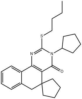 2-(butylsulfanyl)-3-cyclopentyl-5,6-dihydrospiro(benzo[h]quinazoline-5,1'-cyclopentane)-4(3H)-one Struktur