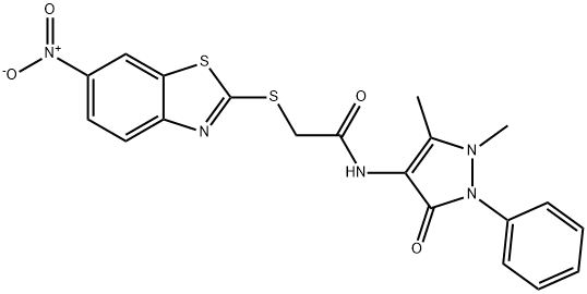 N-(1,5-dimethyl-3-oxo-2-phenyl-2,3-dihydro-1H-pyrazol-4-yl)-2-({6-nitro-1,3-benzothiazol-2-yl}sulfanyl)acetamide Struktur