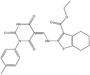 ethyl 2-{[(1-(4-methylphenyl)-2,4,6-trioxotetrahydro-5(2H)-pyrimidinylidene)methyl]amino}-4,5,6,7-tetrahydro-1-benzothiophene-3-carboxylate Struktur