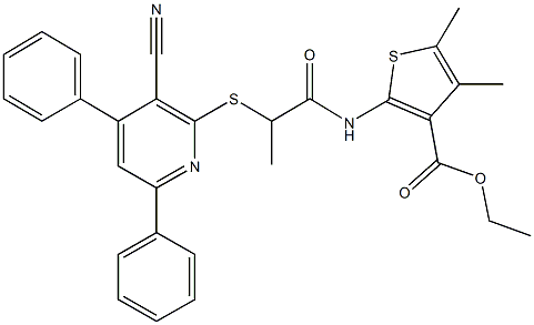 ethyl 2-({2-[(3-cyano-4,6-diphenyl-2-pyridinyl)sulfanyl]propanoyl}amino)-4,5-dimethyl-3-thiophenecarboxylate Struktur