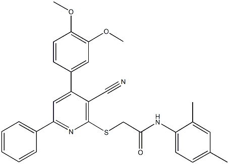 2-{[3-cyano-4-(3,4-dimethoxyphenyl)-6-phenyl-2-pyridinyl]sulfanyl}-N-(2,4-dimethylphenyl)acetamide Struktur