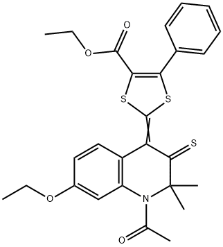 ethyl 2-(1-acetyl-7-ethoxy-2,2-dimethyl-3-thioxo-2,3-dihydro-4(1H)-quinolinylidene)-5-phenyl-1,3-dithiole-4-carboxylate Struktur