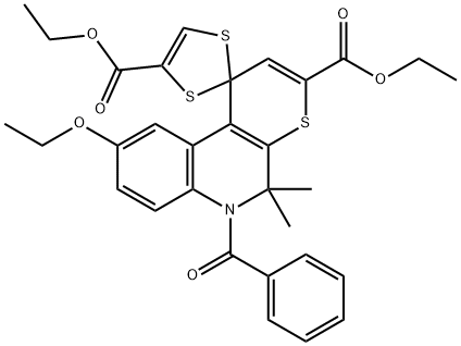 diethyl 6'-benzoyl-9'-ethoxy-5',5'-dimethyl-5',6'-dihydrospiro[1,3-dithiole-2,1'-(1'H)-thiopyrano[2,3-c]quinoline]-3',4-dicarboxylate Struktur