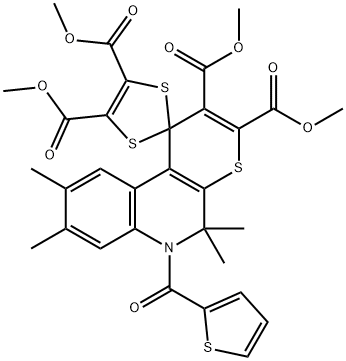 tetramethyl 5,5,8,9-tetramethyl-6-(thien-2-ylcarbonyl)-5,6-dihydrospiro(1H-thiopyrano[2,3-c]quinoline-1,2'-[1,3]-dithiole)-2,3,4',5'-tetracarboxylate Struktur