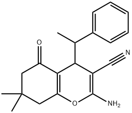 2-amino-7,7-dimethyl-5-oxo-4-(1-phenylethyl)-5,6,7,8-tetrahydro-4H-chromene-3-carbonitrile Struktur