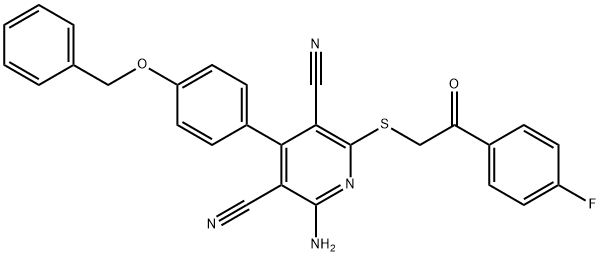 2-amino-4-[4-(benzyloxy)phenyl]-6-{[2-(4-fluorophenyl)-2-oxoethyl]sulfanyl}-3,5-pyridinedicarbonitrile Struktur