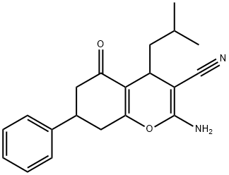 2-amino-4-isobutyl-5-oxo-7-phenyl-5,6,7,8-tetrahydro-4H-chromene-3-carbonitrile Struktur