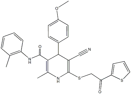 5-cyano-4-(4-methoxyphenyl)-2-methyl-N-(2-methylphenyl)-6-{[2-oxo-2-(2-thienyl)ethyl]sulfanyl}-1,4-dihydro-3-pyridinecarboxamide Struktur