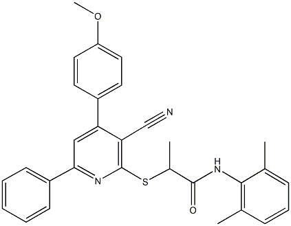 2-{[3-cyano-4-(4-methoxyphenyl)-6-phenyl-2-pyridinyl]sulfanyl}-N-(2,6-dimethylphenyl)propanamide Struktur