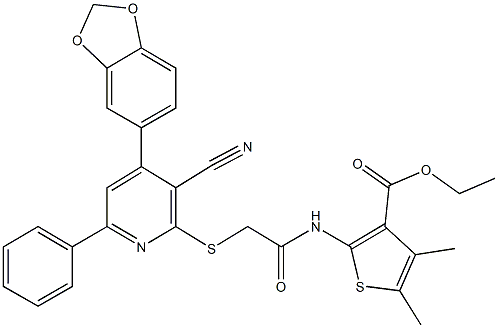 ethyl 2-[({[4-(1,3-benzodioxol-5-yl)-3-cyano-6-phenyl-2-pyridinyl]sulfanyl}acetyl)amino]-4,5-dimethyl-3-thiophenecarboxylate Struktur