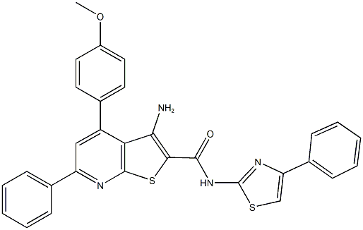 3-amino-4-(4-methoxyphenyl)-6-phenyl-N-(4-phenyl-1,3-thiazol-2-yl)thieno[2,3-b]pyridine-2-carboxamide Struktur