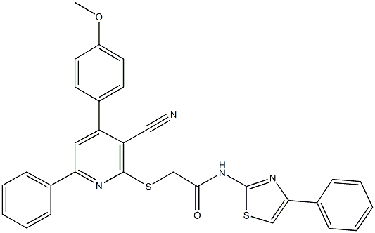 2-{[3-cyano-4-(4-methoxyphenyl)-6-phenyl-2-pyridinyl]sulfanyl}-N-(4-phenyl-1,3-thiazol-2-yl)acetamide Struktur