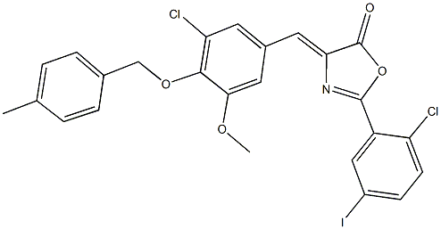 2-(2-chloro-5-iodophenyl)-4-{3-chloro-5-methoxy-4-[(4-methylbenzyl)oxy]benzylidene}-1,3-oxazol-5(4H)-one Struktur